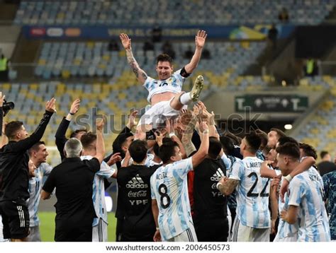 Argentinas Lionel Messi Holds Trophy He Stock Photo 2006450573