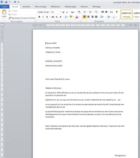Lettre De Motivation Demande D Emploi Word  Exemple de Lettre