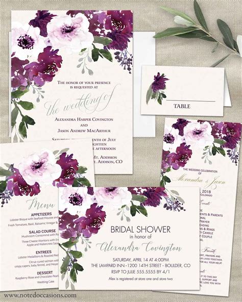 Plum Floral Wedding Invitations Watercolor Greenery Purple Flower