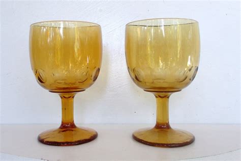 Vintage Yellow Glass Goblets 2 Large Beverages Goblets Thumbprint Pattern Drinking Glasses 6