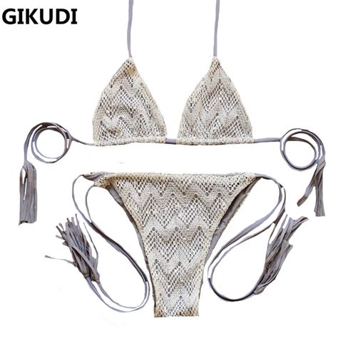 Gikudi Sexy Halter Bikini Women Swimwear Unique Hollow Out Bikini Set
