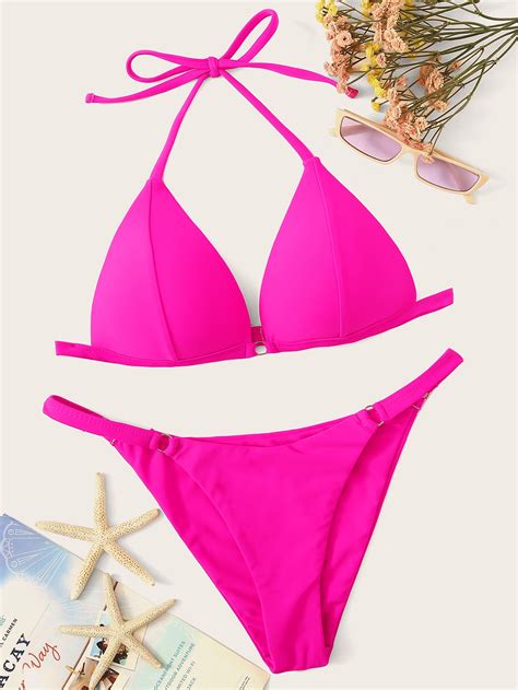Neon Pink Triangle Top With Ring Loop Bikini Set Shein Usa Sexiezpix Web Porn