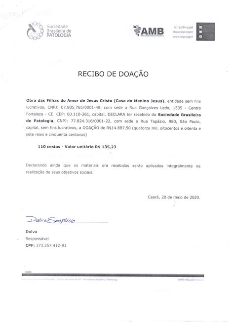 Recibo Doação Cestas Fortaleza Sociedade Brasileira De Patologia