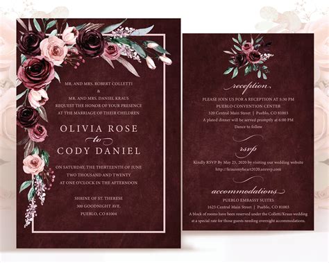 Burgundy Wedding Invitation Suite With Free Envelopes Etsy In 2020