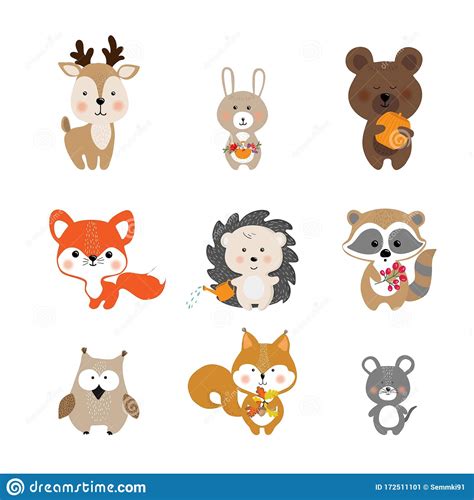 Set Of Vector Cute Forest Animals In Cartoon Style A Collection Of