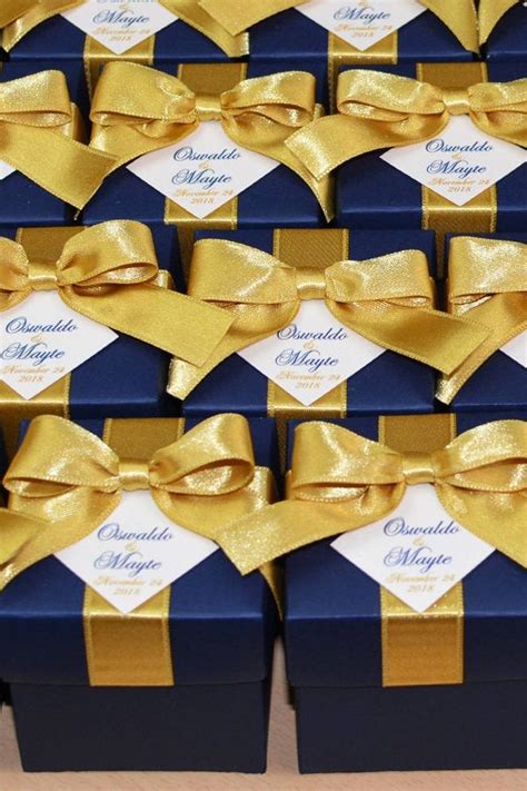 Gold And Navy Blue Wedding Bonbonniere Wedding Favor Box With Satin