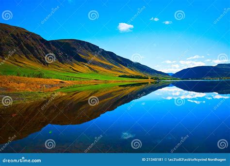 Perfect Mountain Reflection In Still Lake Stock Image Image Of Grass