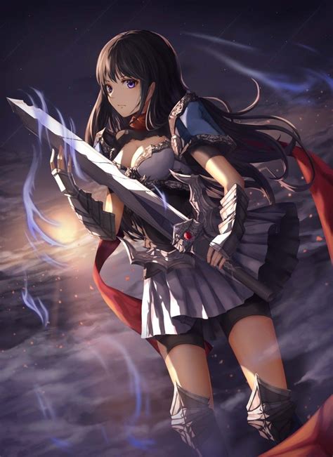 1girl Absurdres Blackhair Breasts Clouds Greaves Highres Holding Holdingsword Holdingweapon
