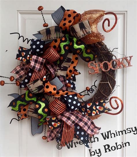 Halloween Grapevine Deco Mesh Ribbon Wreath With Spooky Sign Fall