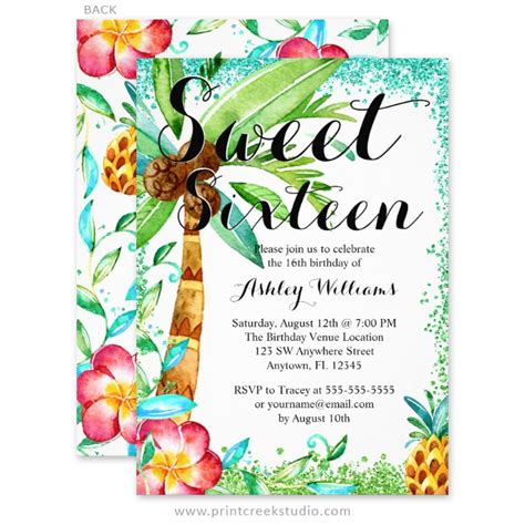 Tropical Luau Watercolor Faux Glitter Sweet 16 Invitations