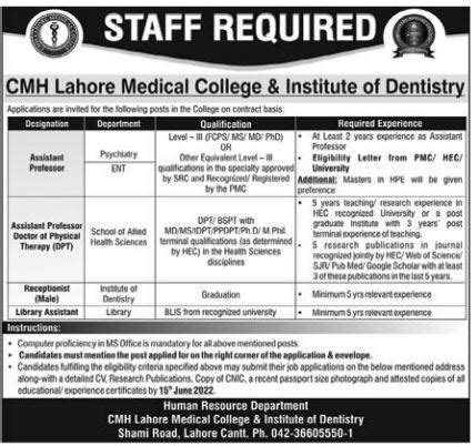 Cmh Lahore Medical College And Institute Jobs Job