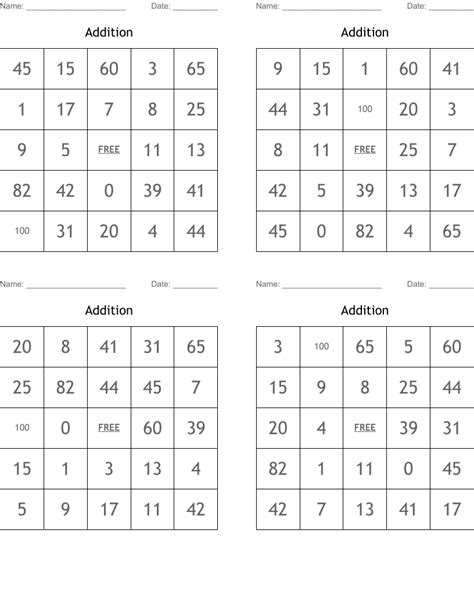 Addition Bingo Cards Wordmint