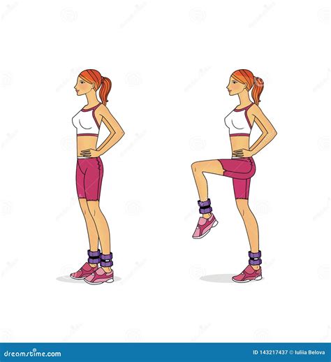 Training With Weightlifters On The Legs The Girl Performs Exercises Swings Lifts And Bringing