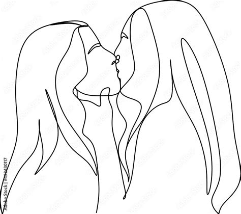 Continuous Drawing Of Two Lesbians Kissing Each Other Stock