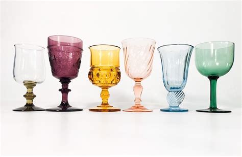 2nd Time Around Vintage Set 6 Multi Colored Goblets Water Glasses Unique Retro Collection