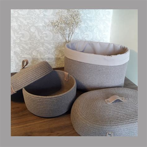 Set Of Baskets Made Of Cotton Cord Round Baskets With Lids Etsy