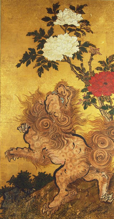 Pair Of Antique Japanese Paintings Of Karashishi Edo Period 18th