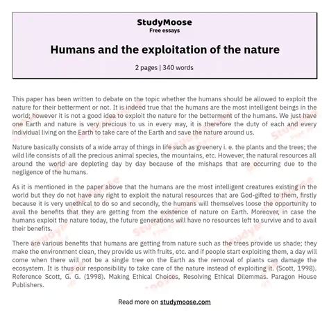 Humans And The Exploitation Of The Nature Free Essay Example
