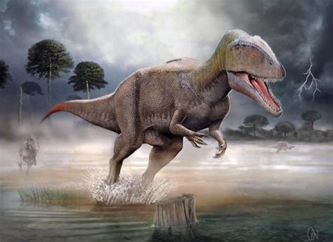 An Artists Rendering Of A Dinosaur Walking In The Water With Lightning