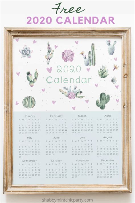 Free Cactus 2020 Printable Calendar Shabby Mint Chic Party
