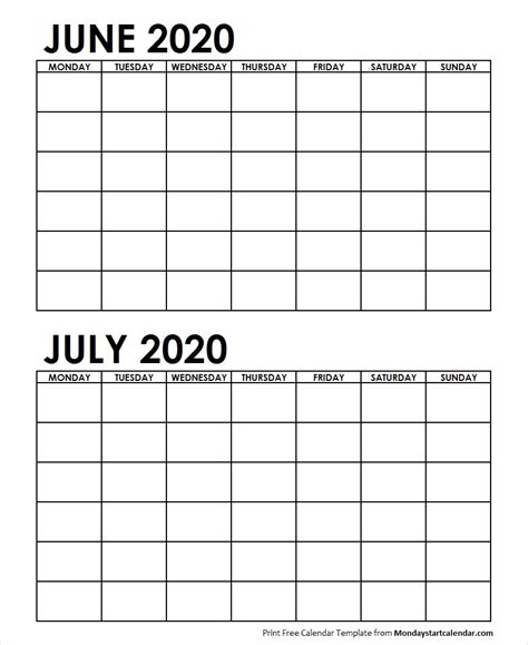 Print Off Monthly Calender For June And July 2020 Example Calendar