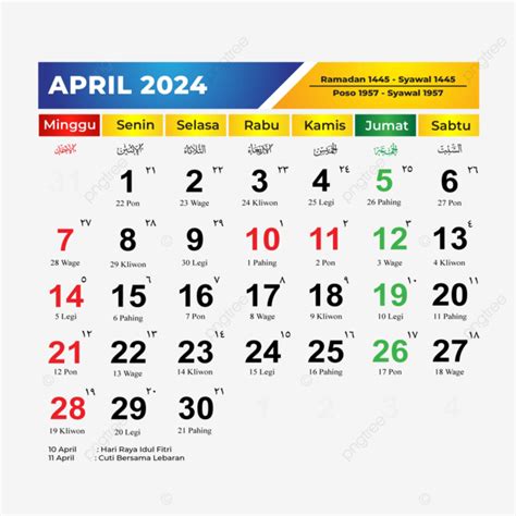 Kalender April 2024 Lengkap Dengan Tanggal Merah Libur Jawa Dan