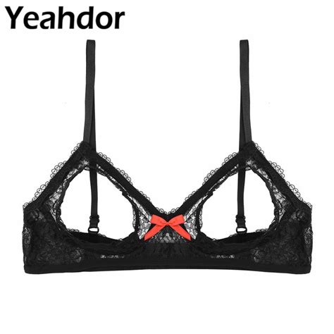 Female Women Sexy Lingerie Lace Floral Open Cup Bra Triangle Bralette V Neck Wire Free Unlined