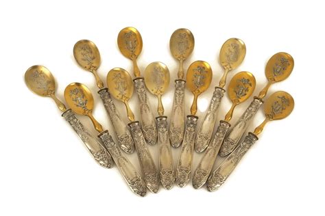 French Antique Silver Dessert Spoon Set Of 12 Vermeil And Sterling