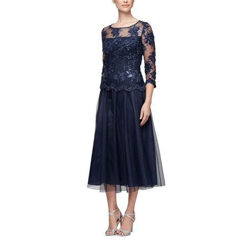 tea length mock dress with embroidered lace bodice and full tulle skirt welcome alex evenings