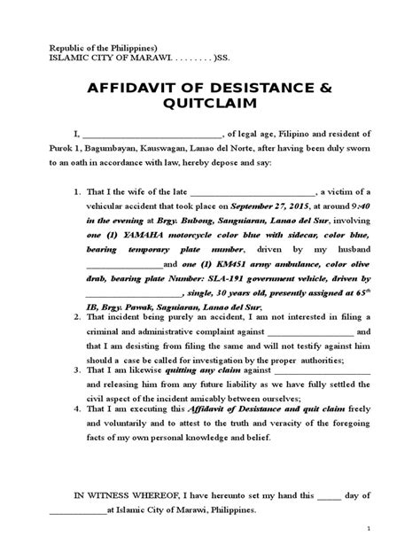 Sample Affidavit Of Desistance And Quitclaim Affidavit Civil Law