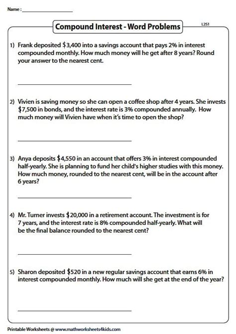 Compound Interest Word Problems Worksheet With Answers Printable Word