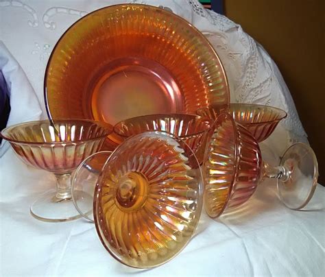 Antique Iridescent Orange Carnival Glass Bowl And Champagne Sherbet Glasses Cups Clear Glass