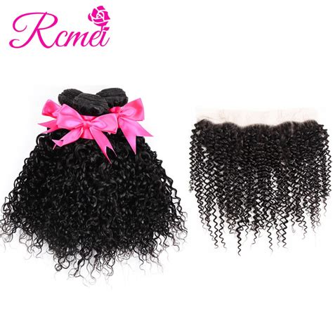 Rcmei Peruvian Kinky Curly Hair Bundles With Frontal Closure Pre Plucked Ear To Ear Lace Frontal