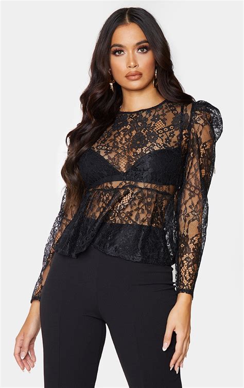 black sheer lace puff sleeve blouse tops prettylittlething usa