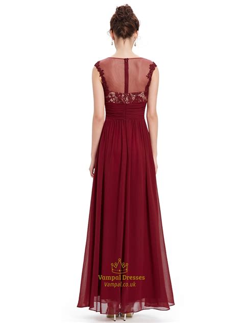 Burgundy Lace Bodice Scoop Neck Chiffon Prom Dress With Cap Sleeves