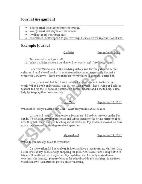 English Worksheets Journal Assignment And Example