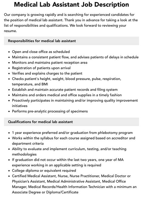 Medical Lab Assistant Job Description Velvet Jobs