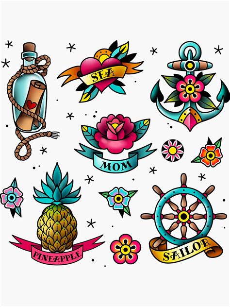 Old School Tattoo Stickers With Maritime Motifs Sticker By Kanae19