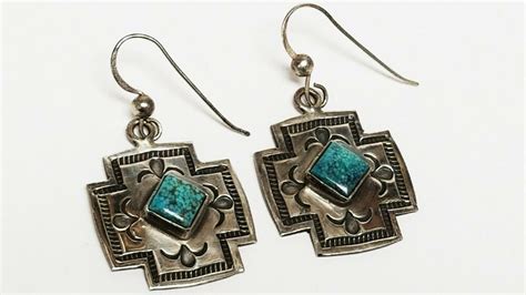 Vintage Hand Stamped Navajo Turquoise Cross Sterling Silver Dangle