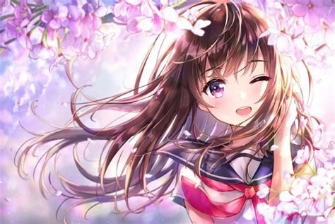 Download 768x1024 Anime Girl Wink Cherry Blossom Cute