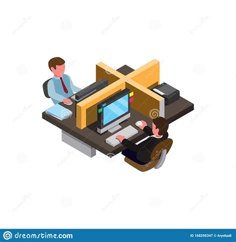 Workplace Busy Man Work In Office Teamwork Job Desk Isometric