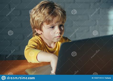 kind dat laptop met behulp van gevaar van internet de slimme jonge jongenswerken aangaande