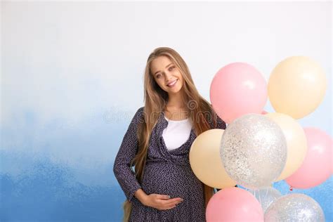 Beautiful Pregnant Woman With Air Balloons On Color Background Stock Image Image Of Birth
