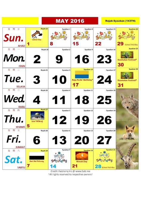 Pusat Sumber Kalendar Bulan Mei 2016