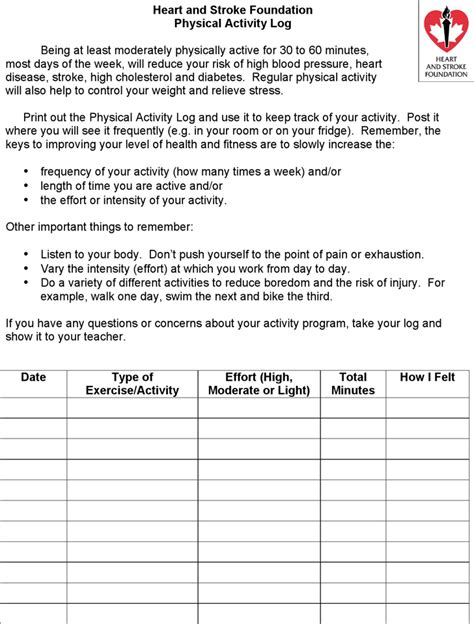 Free Physical Activity Log Doc 105kb 2 Pages