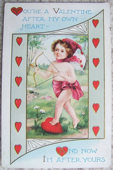 Vintage Valentines Day Cupid And Hearts Embossed Postcard 1940s Used