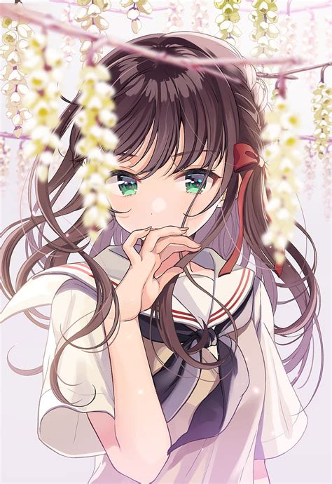 Anime Girl Flowers Brown Hair School Uniform Green Eyes Anime Hd