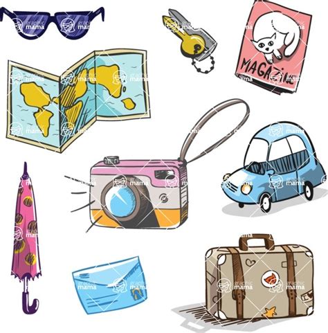 Colorful Hand Drawn Travel Items Vector Set Graphicmama