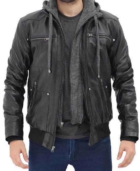 Mens Black Leather Jacket With Removable Hood Real Lambskin Etsy