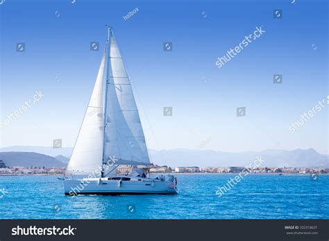 Sailboat Sailing In Mediterranean Sea In Denia Blue Mediterranean Stock